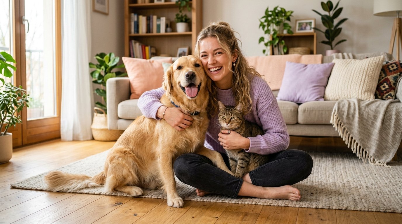Happy smiling pet owner relaxing at home with golden retriever dog and cat